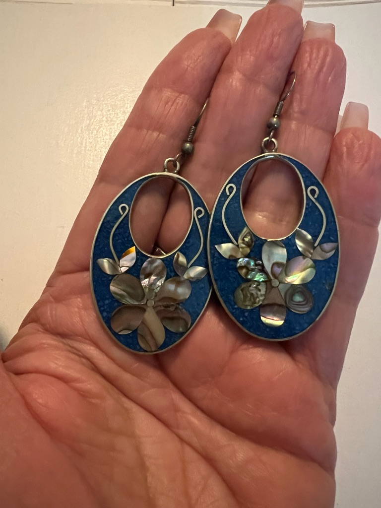 Alpaca Mexico Abalone Floral N Denim Lapis Chip Inlay Drop Earrings